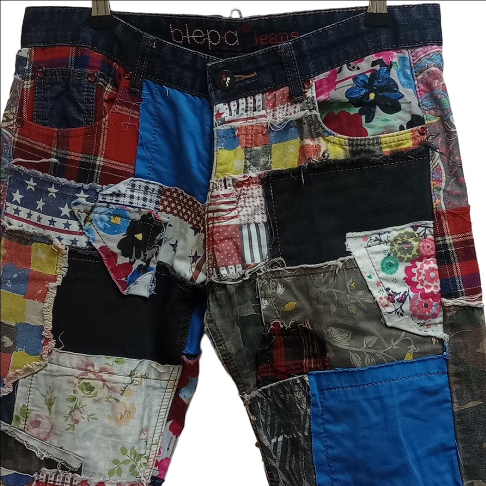 BIEPA MULTICOLORED MEN'S STRAIGHT JEANS WITH DIFFERENT FABRICS PATCHWORK ART - Picture 4 of 16